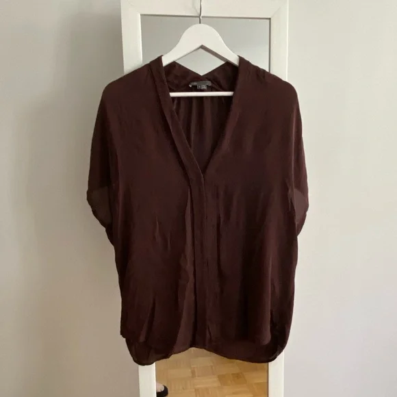 🌼 Vince 100% Silk Blouse brown chocolate short sleeve earthy top tee shirt - Picture 2 of 5